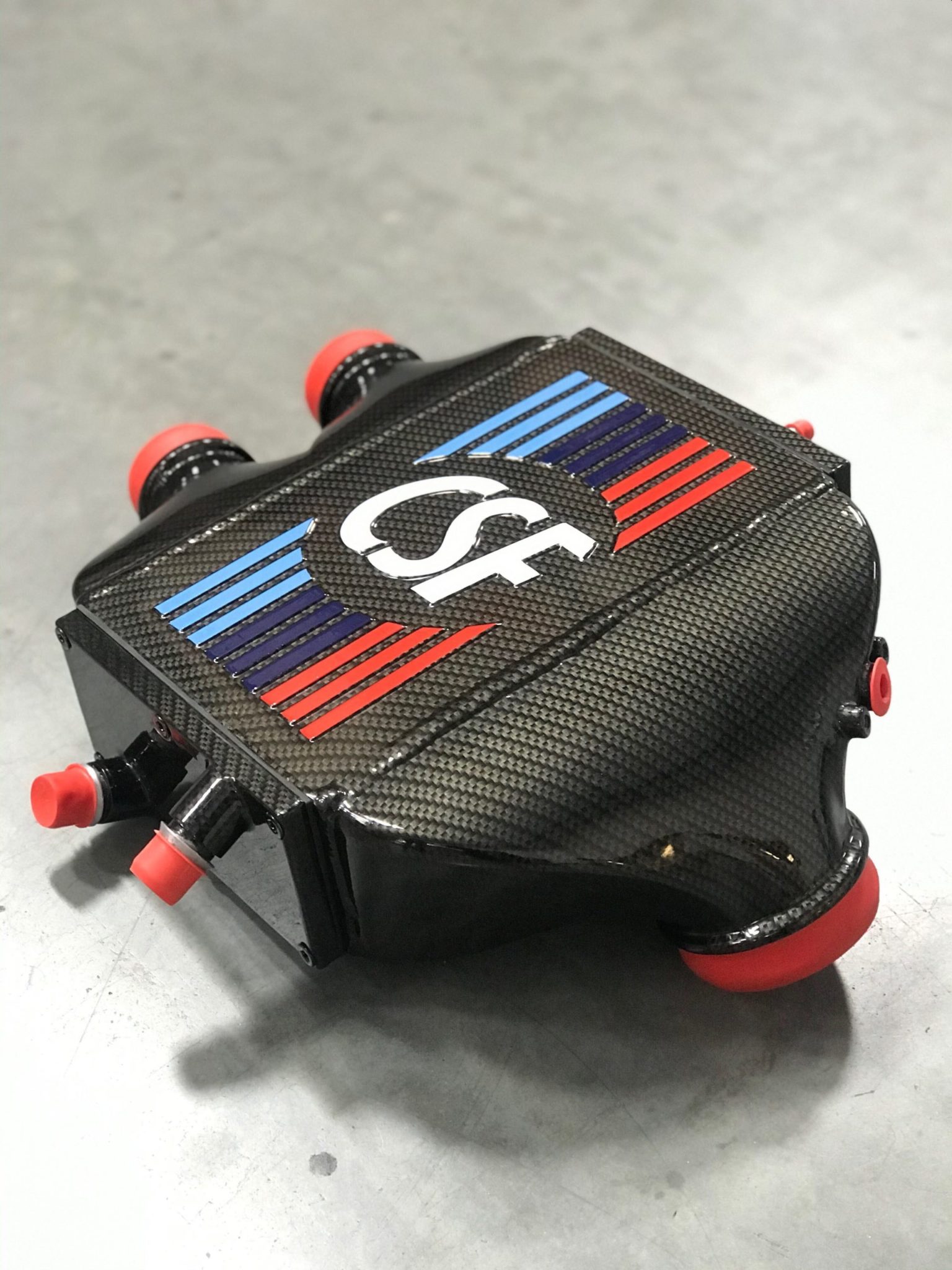 CSF Race BMW F8X M3/M4/M2C Top Mount Charge-Air-Cooler in custom Hydro-Dipped in Carbon Fiber w/ BMW M Color Pinstriping (+$900) - 8082