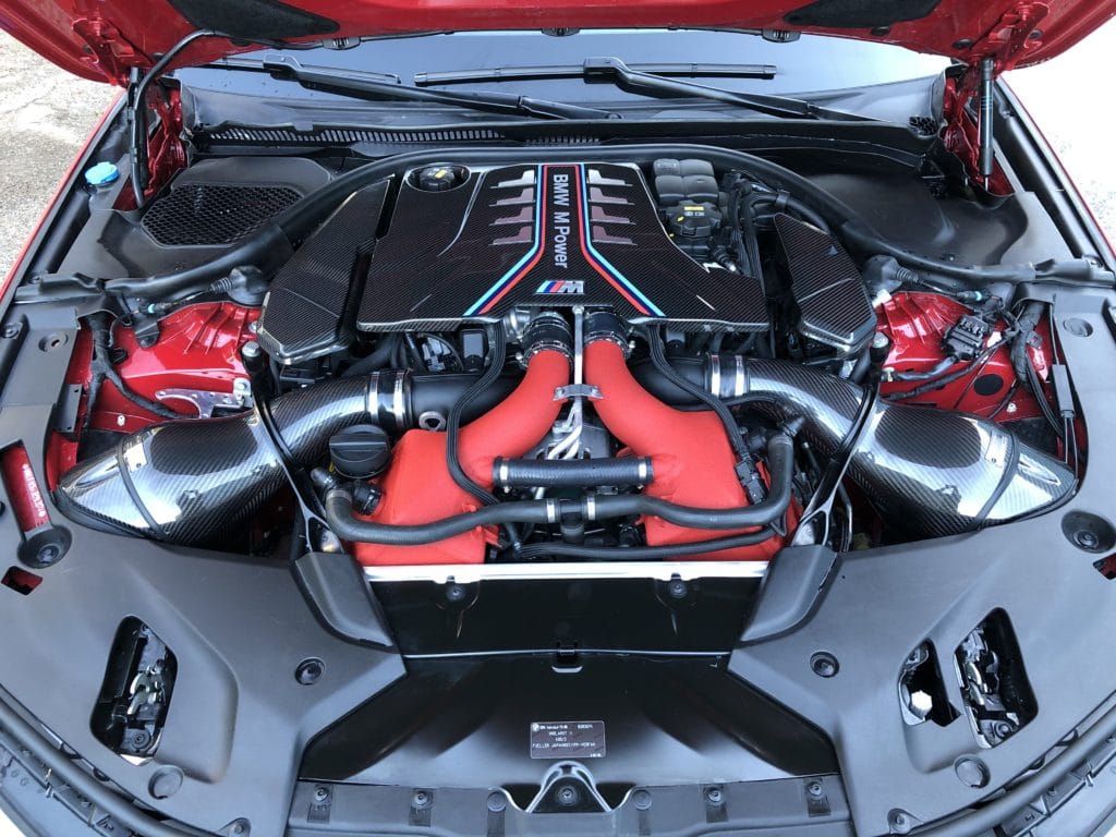 F90 M5 & F92 M8 High-Performance Charge Coolers in custom Crinkle Red Installed