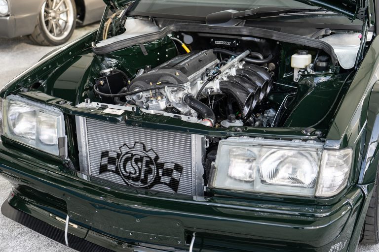 Stan Chen's Mercedes 190E 2.6-16 engine bay with CSF Radiator